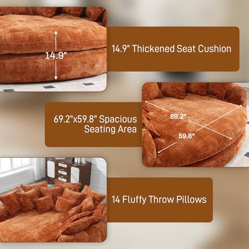 Image of 81 inch Round Sofa Bed Big Bean Bag Round Chaise Lounge Oversized Round Couch Boneless Reading Chair Plush Fluffy Chenille Large Chaise Chair for Living Room, Bedroom, Apartment, Orange