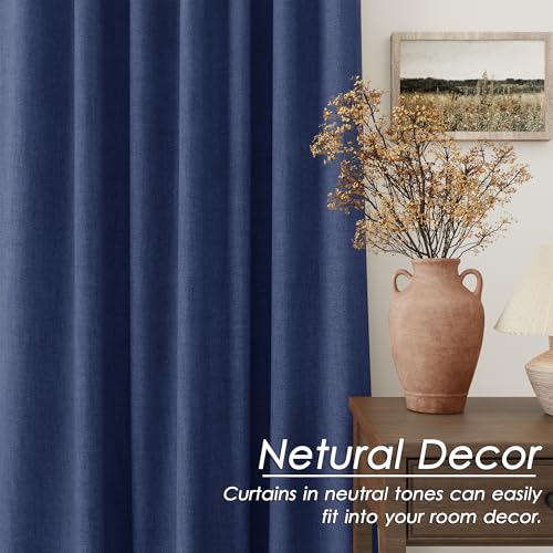Image of Classic Blue 100% Blackout Linen Curtains for Bedroom 90 Inches Long Back Tab Thermal Insulated Modern Coastal Decor Black Out Curtain for Living Room Dining Room Rod Pocket Drapes 52x90, 2 Panels