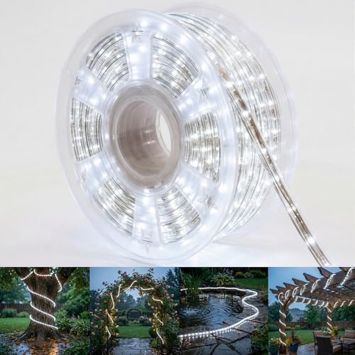 Image of 100ft Rope Lights For Outside, Connectable & Flexible Tube Lights with 8 Modes Controller,Waterproof White LED Rope Lighting for Deck,Garden,Pool,Patio,Bedroom, Indoor & Outdoor Landscape Strip Lights