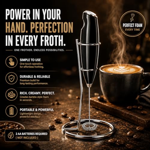 Image of AXEON Electric Milk Frother with Stand | Handheld Milk Frother for Coffee, Lattes, Milk, Hot Chocolates & Cream | Battery Operated Milk Foam Maker | Stainless Steel Whisk