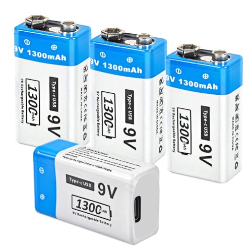 FLSTOR Batería de 9 V, 4 paquetes de 1300 mAh, 9 V, batería de ion de litio recargable, carga rápida para detectores de humo, detector de incendios, detector de incendios, instrumentos musicales,
