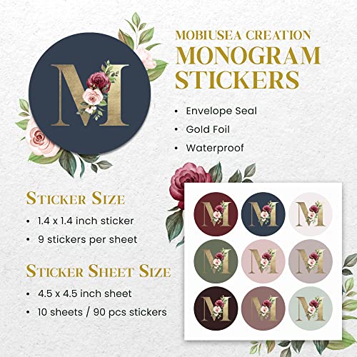 Mobiusea Creation Monogram Stickers| Gold Foil | Initial Envelope Seals Letter M | 9 Chic Color Assortments | Wedding Monogram Stickers| 1.4 Inch | 90Pcs Floral Envelop Stickers Seals #TOP2