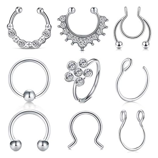 WillTen 16 st falska näsringar rostfritt stål septum broskhelix örhängen diamant CZ icke-piercing smycken för kvinnor män, Rostfritt stål,