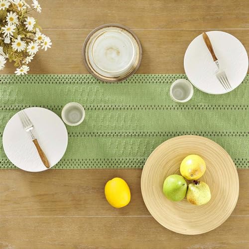 Image of ZeeMart Macrame Style Boho Table Runner, Sage Green Table Runners 36 Inches Long, Farmhouse Woven Home Decor, 12x36 Inch, Green