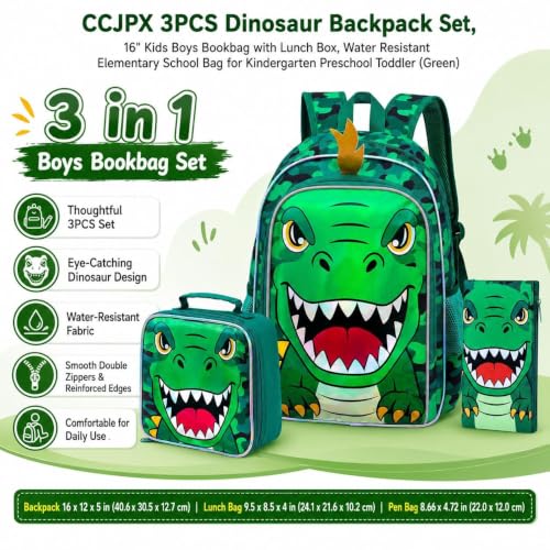Image of 16 inch Dinosaur Backpack for Boys, 3Pcs Dino Kids Bookbag with Lunch Box, School Backpacks for Elementary Preschool Kindergarten (Green)
