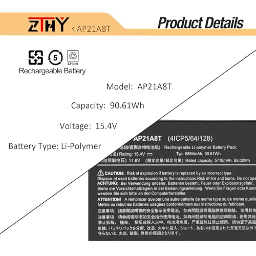 Image of AP21A7T AP21A8T Battery Replacement for Acer Predator Helios 300 PH315-55 | PH317-56 Nitro 5 AN517-55 Predator Helios 18 PH18-71 PH18-71-72AS PH317-56-78LY PH315-55-965Z AN517-55-50NF AP21A5T 90.61Wh