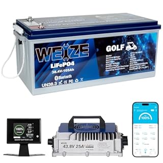 WEIZE 36V(38.4V) 105AH Golf Cart Bluetooth LiFePO4 Battery (Replace 6x6V GC2) with 25A Lithium Batteries Charger, LCD Display, Grade A Cells, 200A BMS, Low-Temp Protection for Golf Carts, FCC listed
