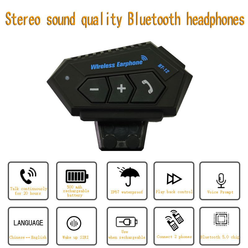 Image of SHOPEE Helmet BT Headset, BT12 Motorcycle Helmet BT Headset Headphone Speakers Support Handsfree Calling Hi-Fi Headphone Low Power Warning, Black
