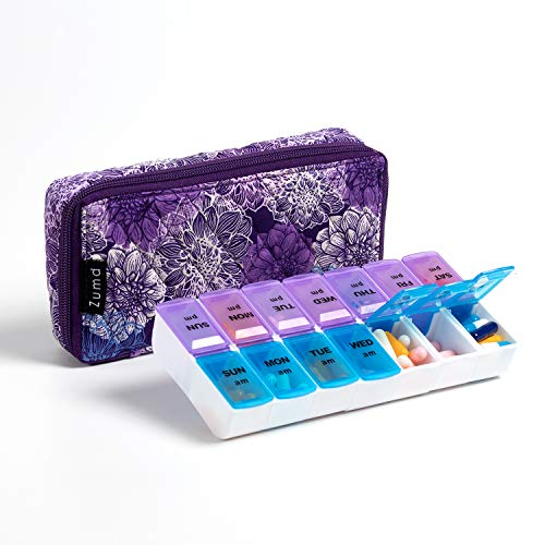 Image of Weekly Pill Organizer 2 Times a Day, Zumd Pill Box 7 Day with Cute Quilted Fabric Zipper Case, Travel Pill Case Am Pm for Vitamin Medicine Organizer