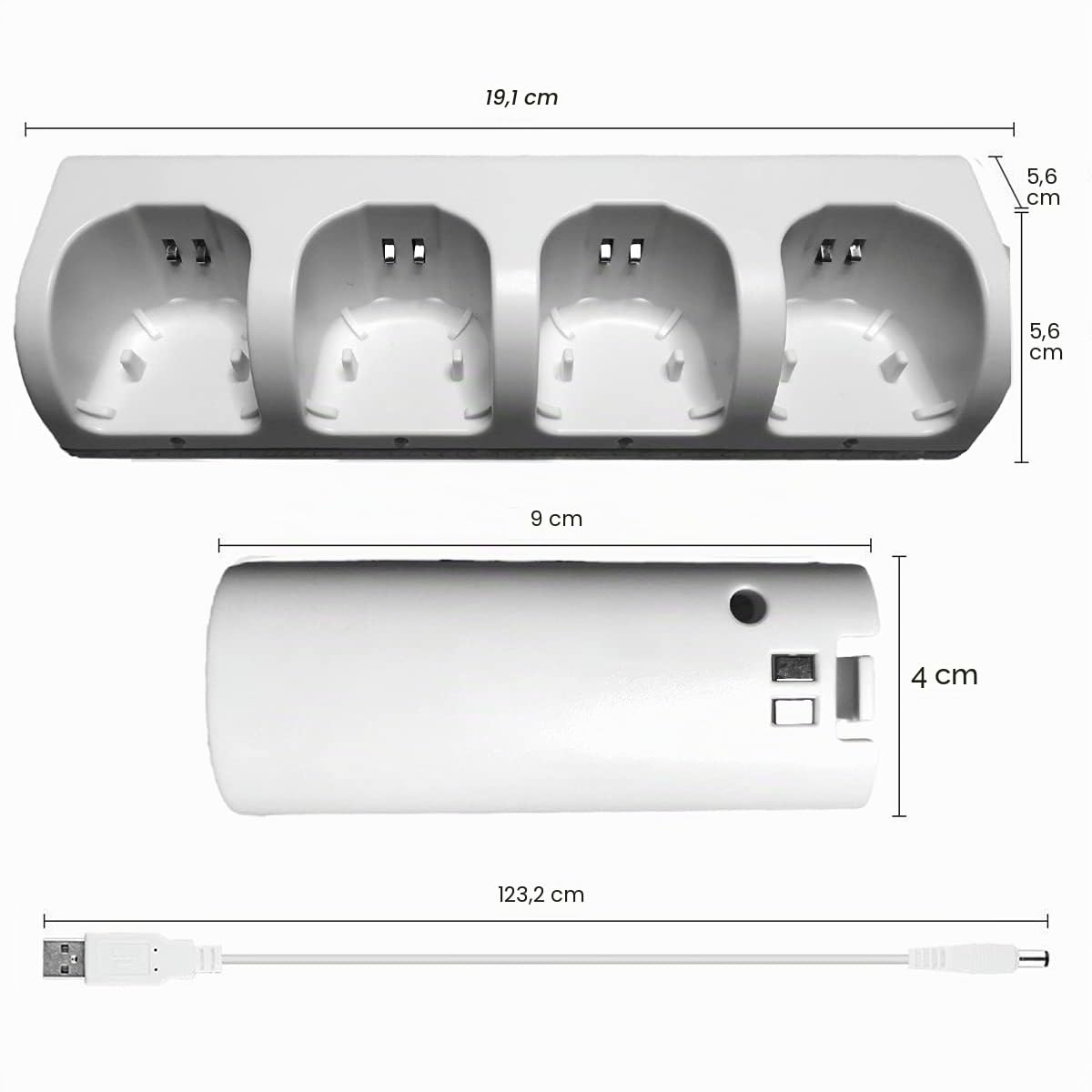 Estación de Carga de Controlador de Wii, Base de Cargador de Controlador 4 en 1 con 4 Piezas de Batería Recargable de 2800 mAh para Controlador Remoto de Juegos de Wii/Wii U