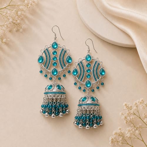 Image of UnfoldSelf Vintage Silver Bollywood Viral Jhumka Earrings | Maula Mere Maula Jhumka Earrings | Statement Ethnic Earrings with Blue Crystal Beads | Oxidised Famous Jewellery for Women & Girls