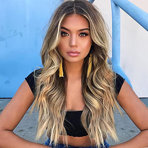 Vigorous Blonde Wigs for Women Ombre Blonde Long Wavy Wigs Synthetic Hair Replacement Wigs Middle Part.