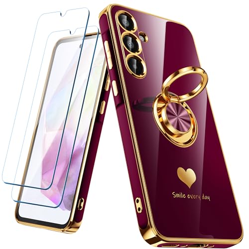 Nonional for Samsung Galaxy A35 5G Case with 2 Pack Screen Protector, 360° Rotatable Ring Holder [Luxury Hearts Pattern] Plating Gold Edge Slim Soft Phone Cover Case for Galaxy A35 - Wine Red