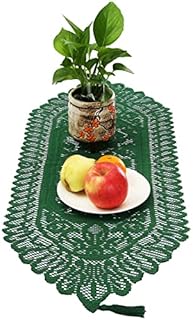 KYEYGWO Hollow Lace Table Runners Elegant Mesh Tablecloth Vintage Macrame Table Cover with Tassels for Rustic Boho Wedding Reception Decoration Bridal Showers, 35'' x 13'' Green
