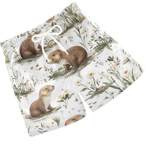 Pigsaly Boys' Swim Board Shorts Watercolor White Flower Brown Sea Otter Boy's Swim Trunks Kids Swimwear 2T