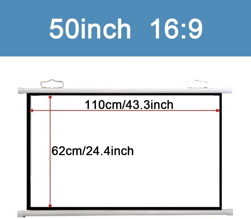 Manual Pull Down Projection Screen Wall Mounted Projector Screen 40 Inch 50 Inch 60 Inch HD 4K Home Theater Movie Screen for Indoor Outdoor, 4:3 16:9 Format(50 Inch (16:9))