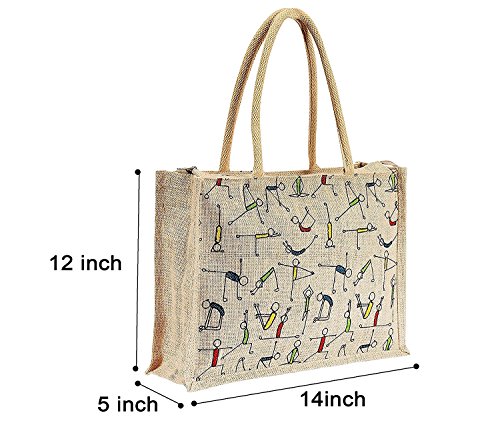 RangTeq Mens Unisex Canvas Tote Jute Yoga Print Beige Bag With Relaxed Fit Top Zipper - Combo Of 3