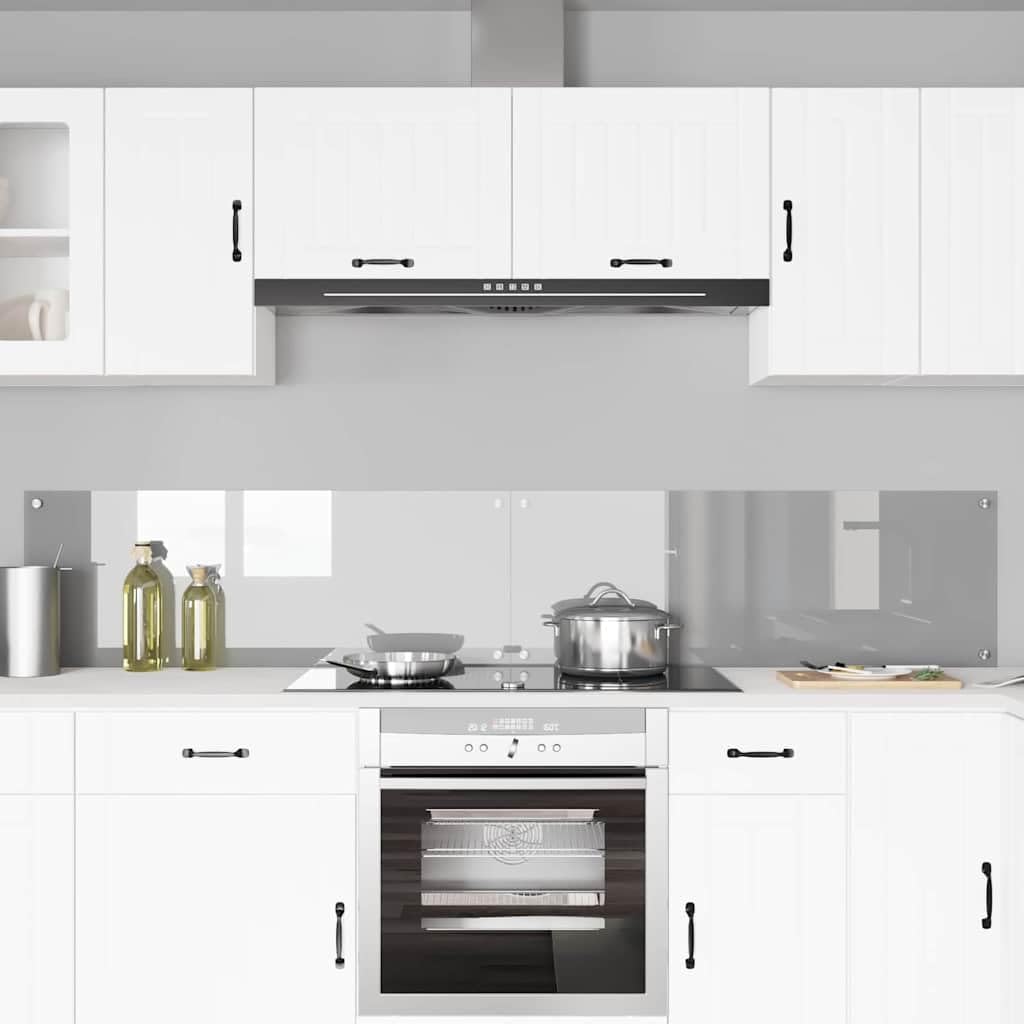 Panel posterior de cocina de vidrio templado gris claro 110 x 40 cm, 2 piezas con agujeros preperforados, resistente al calor y fácil de limpiar para cocinas modernas y protección eficaz