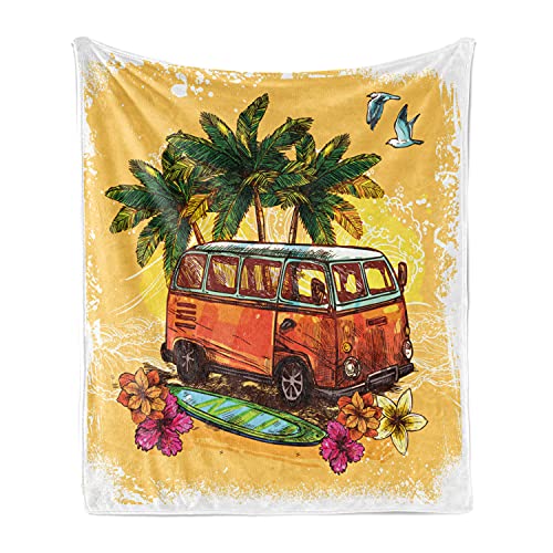 Ambesonne Surf Throw Blanket, Hippie Classic Old Bus Surfboard Freedom Holiday Exotic Life Sketchy Art, Flannel Fleece Accent Piece Soft Couch Cover for Adults, 60 x 80 , Yellow Orange