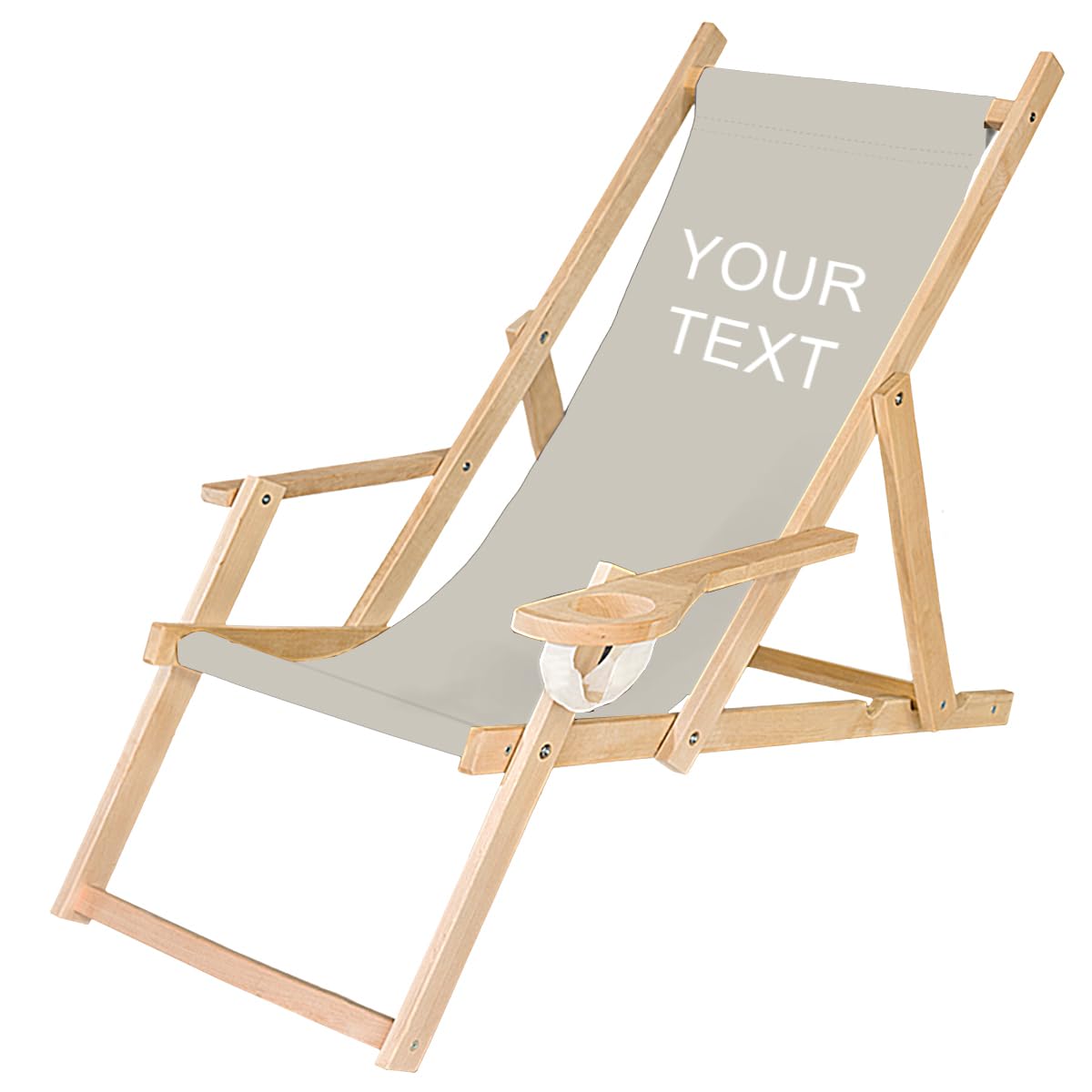 Ferocity Wooden Folding Deck Chair with Armrest and Drink Holder Beach Chair Text Print Light Grey [119]