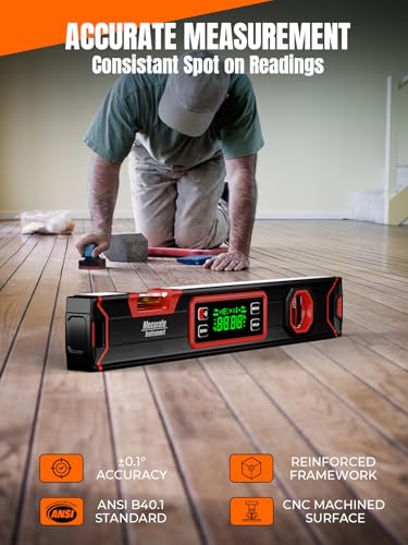 Image of Mecurate 16-Inch Digital Level, Portable Electronic Angle Finder with Backlit Display, ±0.1 Accuracy, Magnetic Base, 4 Measurement Units, Compact Torpedo Smart Level Tool for DIY & Professional Use