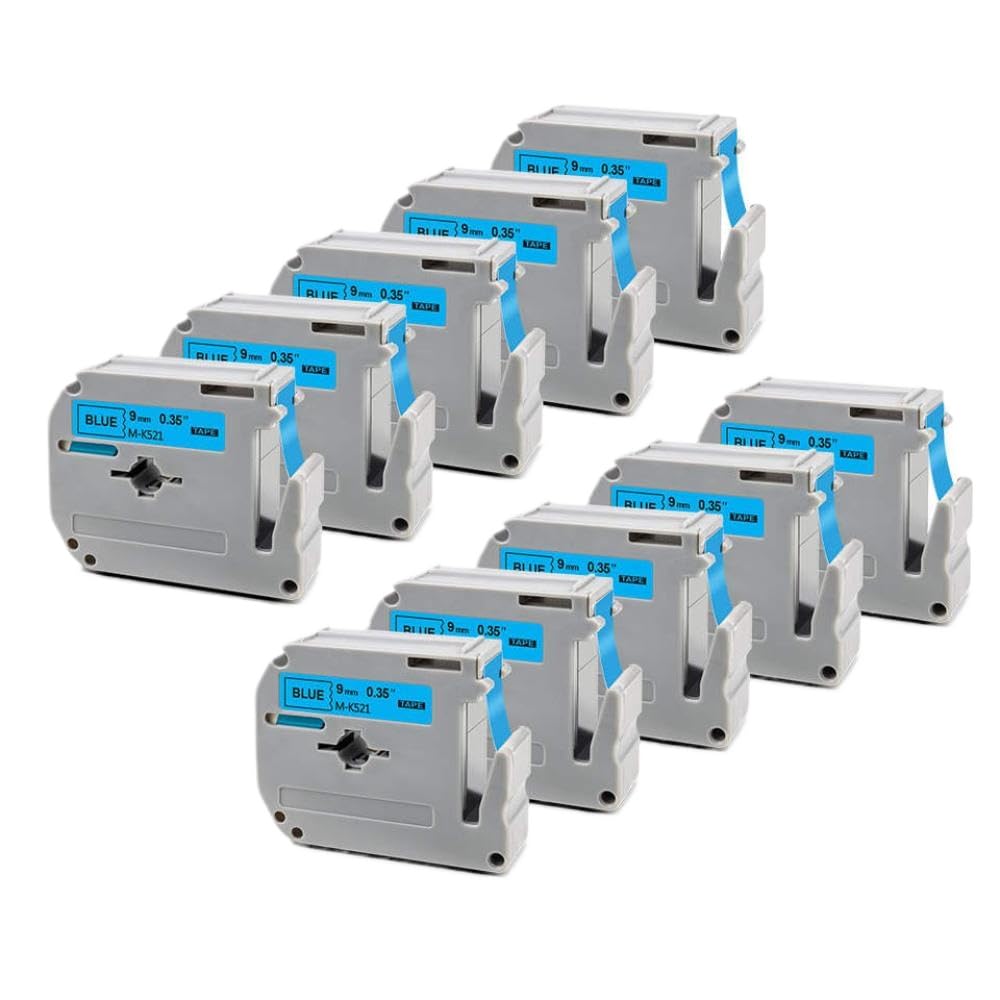 10pk 9mm nero su nastro blu etichetta nastro stampante MK-521 MK521 M-K521 Compatibile con etichetta PT-70 PT-80