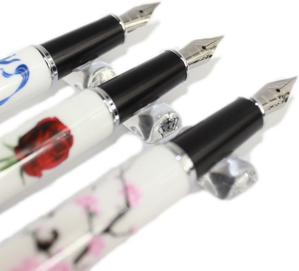 Gullor 3 Pcs Medium Fountain Pen 8802 White and Black,silver Clip,three Pattern