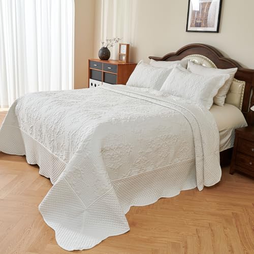 Image of EVENHUG Oversized King Bedspreads California King Quilt Set with Pillow Shams Extra Wide Large King Size Quilts Lightweight Coverlet Bedding Sets White 120 inchx128 inch