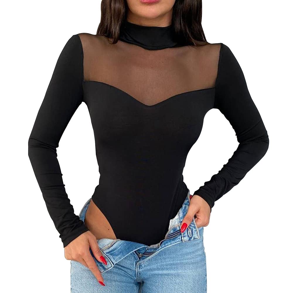KOEMCY Body Mujer Manga Larga Blusa Elegante Malla Mono Bodysuit Color Sólido Jumpsuit Bodies Vestir Casual Blusa Tops Ropa de Dormir Una Pieza