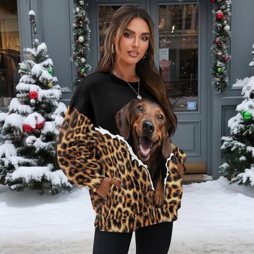 xixirimido Leopard-Print Oversized Sweatshirt for Women, Soft Loose Fitting Dachshund Pullover with Round Neck for Lounge, Leisure