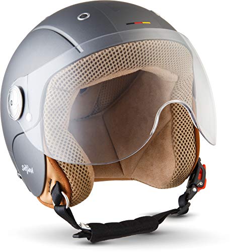 Soxon® SK-55 „Plus Titan“ · Kinder Jet-Helm · Motorrad-Helm Kinder-Helm Roller-Helm Kids Scooter-Helm Vespa Bobber Mofa-Helm Chopper · ECE 22.05 Visier Schnellverschluss SlimShell Tasche XXS (49-50cm)