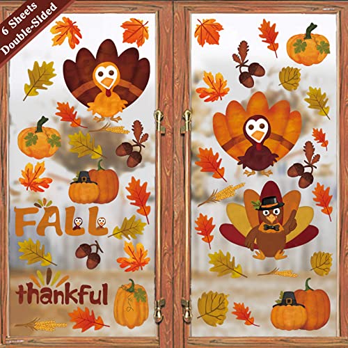 Ivenf Thanksgiving Decorations Window Clings Decor, Extra Large Autumn Fall Leaves Turkey Pumpkin Decal, Kids School Home Office Party Supplies Gifts, 6 Sheet 80 pcs