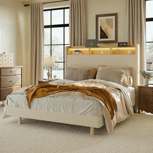 FLEXISPOT Queen Platform Bed Frame with 51" Tall Upholstered Corduroy Headboard, Two-Tier Storage Shelves, LED Light & Charging Station, Remote Pocket, No Box Spring Needed,1100Ibs Heavy-Duty, Beige