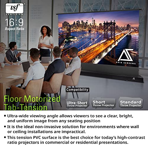 Image of Akia Screens 102 inch Motorized Floor Rising Projector Screen, Pull Up Tab-Tension CineWhite 4K 8K HDR Home Theater Movie Screen for UST Short Throw, Remote Control, AK-FMT102UH2-X