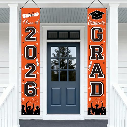 Image of Graduation Decorations 2026, Orange Door Porch Signs, Graduation Banner Class of 2026, Congrats Grad Banner for Door and Porch Graduation Party Supplies