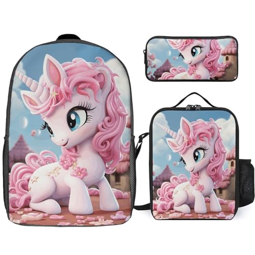 3 Piece Backpack for Women Men Lightweight Causal Daypack Shoulder Bag Set with Insulated Lunch Bag And Pencil Case Organizers Cartoon