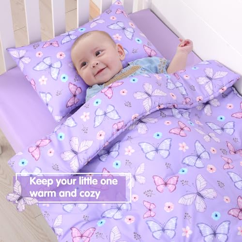 Image of JISEN 3 Piece Crib Bedding Set Soft Baby Crib Bedding Set Butterfly Crib Comforter Set - Comforter Sheet Pillowcase Nursery Bedding Sets for Baby Girls or Boys Purple