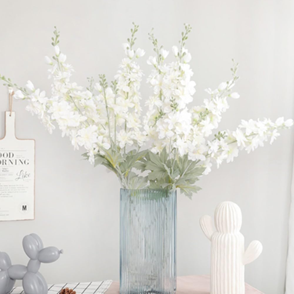 OUKEYI 33.5in 6pcs Fake Flower Delphinium Artificial Silk Larkspur Long Stem Flowers for Tall Vase Home Wedding Party Decor (white) - Image 3