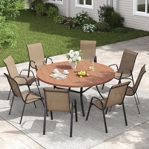 Image of VICLLAX Outdoor Dining Set for 8, All Weather Metal 9 Pieces Patio Set-53 Round Outdoor Table and Stackable Chairs for Lawn Garden and Backyard, Walnut Wood Grain Tabletop