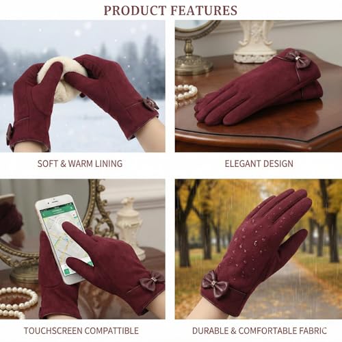 Image of Kraptick Women's Winter Thermal Gloves - Elegant Suede Fleece Lined Warm Full Finger Hand Gloves with Bow Knot - Windproof Soft Driving Mittens for Ladies & Girls (Free Size, Purple)-8