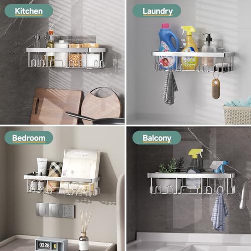 Image of Veken Adhesive Shower Caddy 5-Pack,Heavy Weight Bearing,Large Wall Mounted Shower Shelves Rack,Organizer Storage Accessories with Soap Dish&Toothbrush Holder,Ideal for Bathroom,Home&Kitchen,Silver