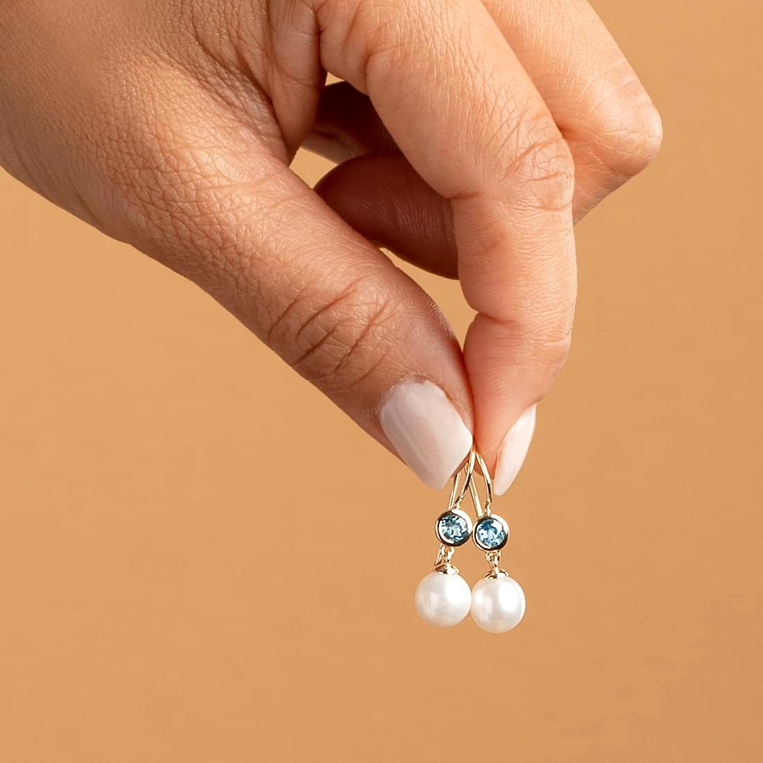Peora 14K Yellow Gold 8mm Freshwater Cultured White Pearl and Genuine Swiss Blue Topaz Drop Earrings for Women, December Birthstone, Fish Hooks, Sparkling Sky Blue Earrings, Modern, Trendy