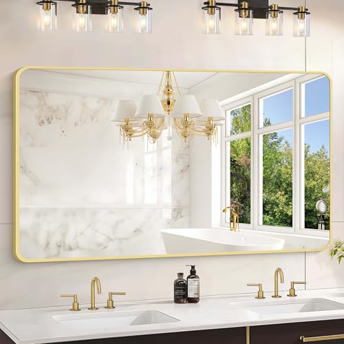 Image of 55 inchx30 inch Gold Bathroom Mirror, Large Rectangle Mirror, Rectangular Wall Mirror, Rounded Corner Vanity Mirror with Aluminum Metal Frame for Bathroom Bedroom Living Room Horizontal /Vertical