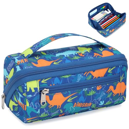 Image of Large Pencil Case for Boys, Durable Pencil Pouch for School, Wide Opening Soft Bag with Handle, Fits 50 Pens & Markers (Blue Dinosaur)