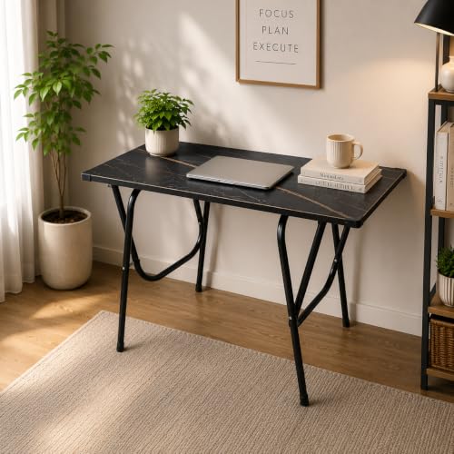 Image of Folding Study Table for Home, Office, 36x24 inches | Foldable Computer Desk with Engineered Wood Top, Heavy-Duty Metal Frame | Portable Laptop & Writing Table | Black Marble Finish