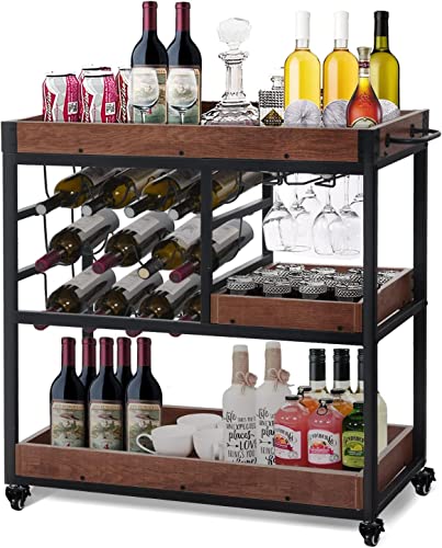 4 Ever Winner Bar Cart For Home With Wine Rack, Industrial Beverage Cart With Wheels, Serving Carts For Home 3 Tier Storage Trolley With Glasses Holder, Rustic Brown #TOP6