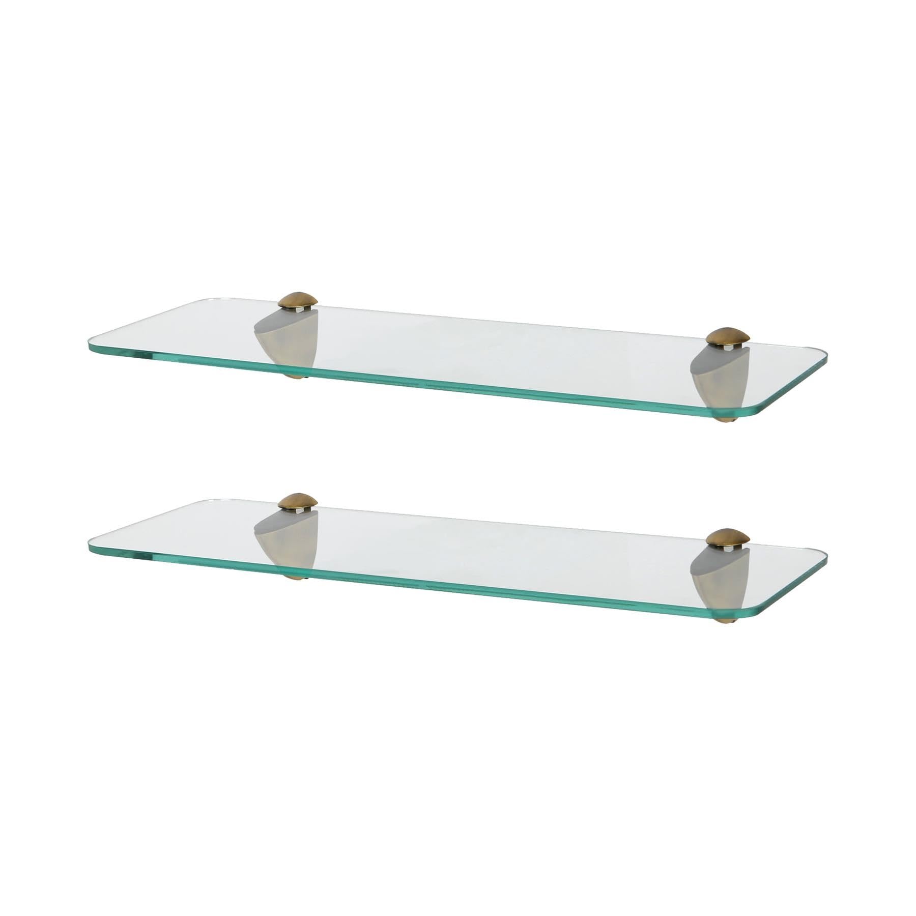 Harbour Housewares Rounded Floating Glass Bathroom Shelves - 40cm - Clear/Gold - 2x Wall-Mounted Kitchen Bedroom Shower Room Décor Caddy Towel Storage Organiser Shelving Rack with Brackets