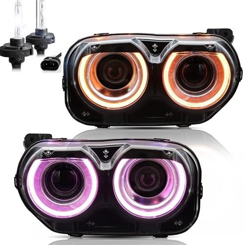 VLAND Multicolor Headlights w/D2H Fit for Dodge Challenger 2015-2024(Not Fit Challenger with Hid Original headlamps Models) Front light with Turn Signal Plug-n-Play Headlamp