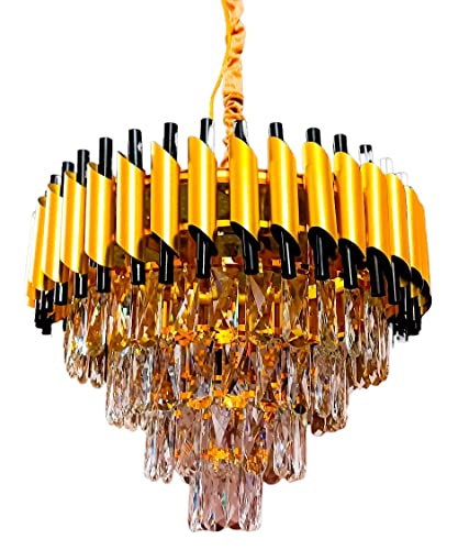 Image of DREAMY DESIGNS Chandelier Lights for Ceiling Black Gold 500 MM 4-Tier K9 Crystal Raindrop Chandeliers for Living Room LED Light Warm White for Hall Modern Jhumar Designer Bedroom and Dining Room