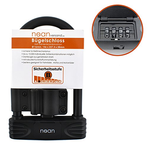nean Fahrrad-Bügel-Zahlen-Schloss, Zahlen-Code-Kombination-Schloss, Halterung, Durchm. 16 mm, 146 x 227,5 x 28 mm